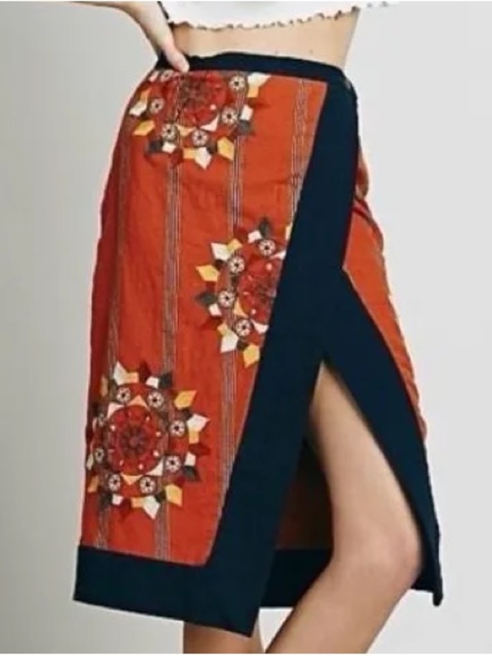Free People Rust Floral Midi Wrap Skirt with Navy Trim - Picture 1 of 11